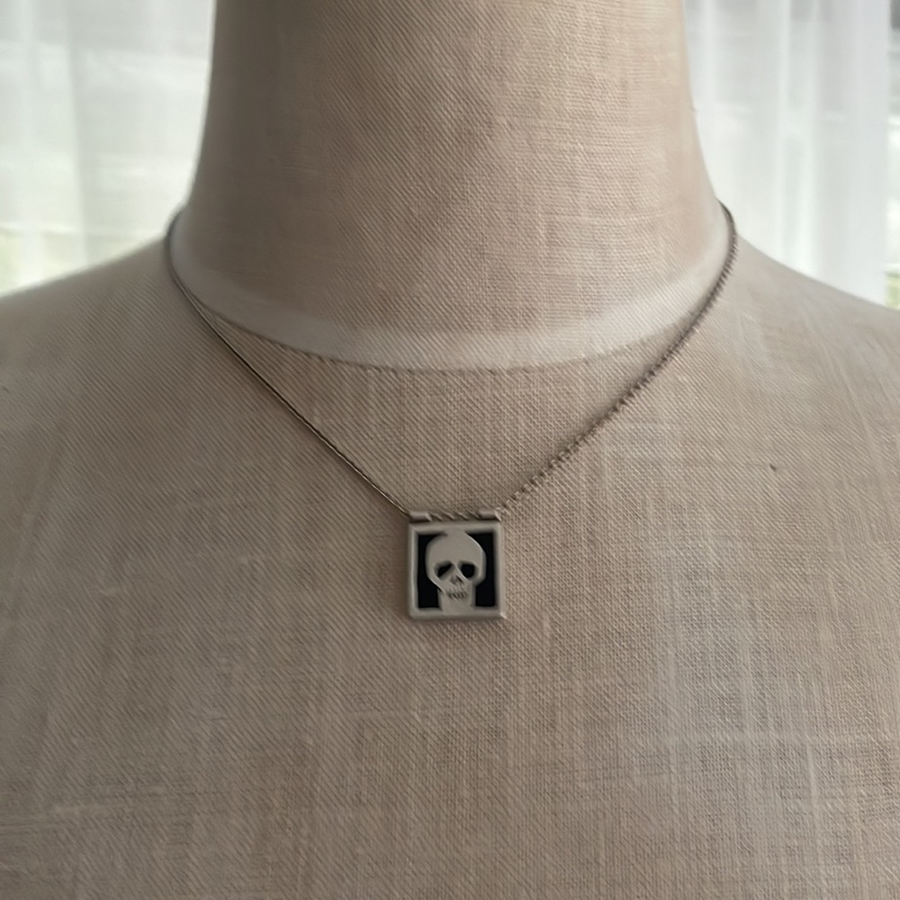 Artisan Sterling Silver Skull Pendant Necklace with Black Inlay